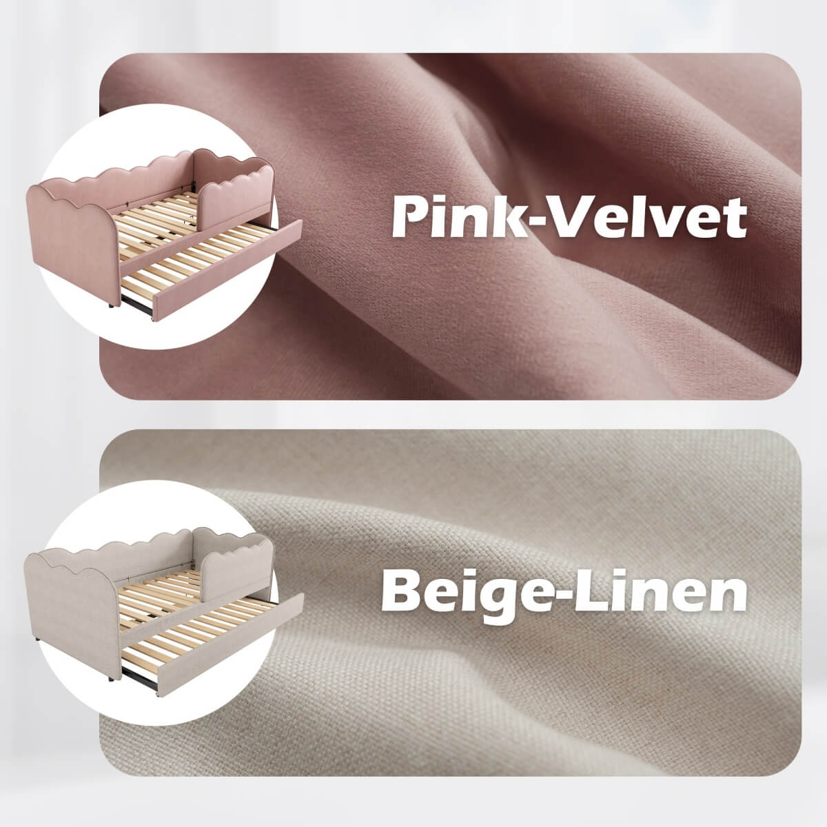 3ft Single Velvet Daybed with Pull-Out Trundle - Pink Upholstered Bed