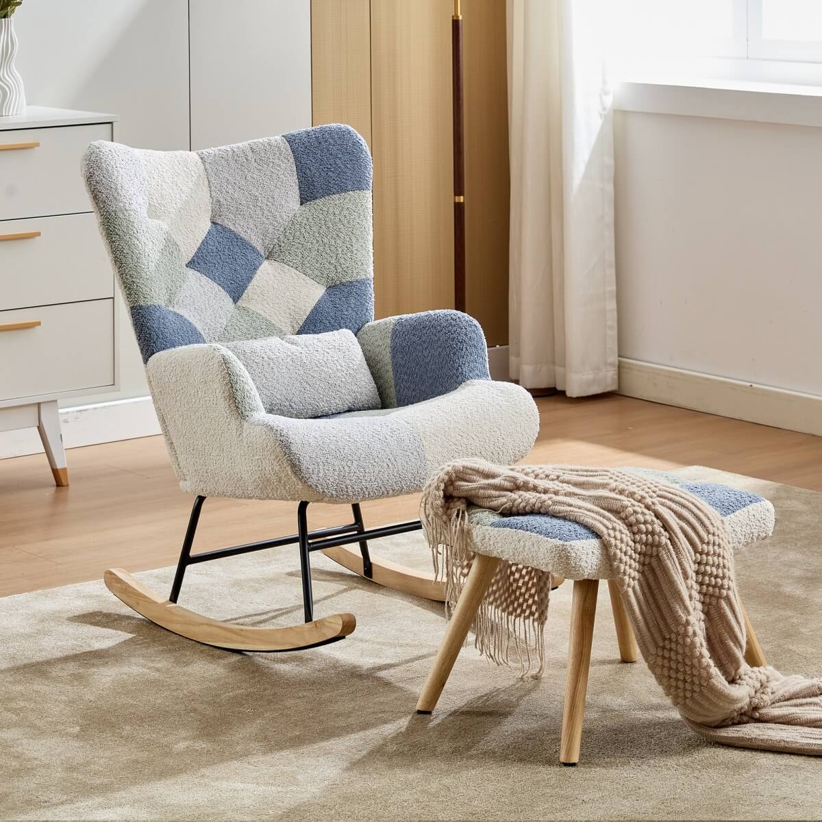 Teddy Rocking Chair with Solid Wood Legs - High Back Recliner Chair for Living Room or Bedroom