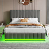 Ottoman King Bed with LED Lighting, Hydraulic Storage, and Adjustable Channel Tufted Headboard, Grey PU Leather