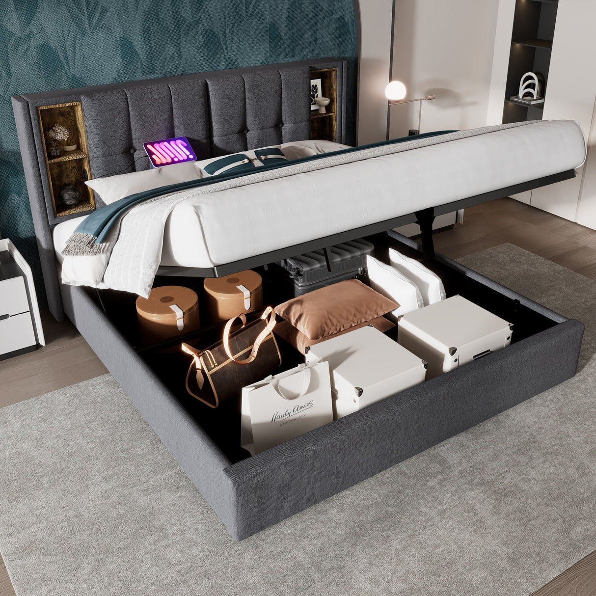 Upholstered Double Bed with Wireless Charging, Hydraulic Storage & Lift, 4FT6 Linen Fabric, Grey