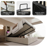 4ft6 Double Ottoman Bed Frame - Upholstered Storage Bed with Wireless Charging & USB C, Natural