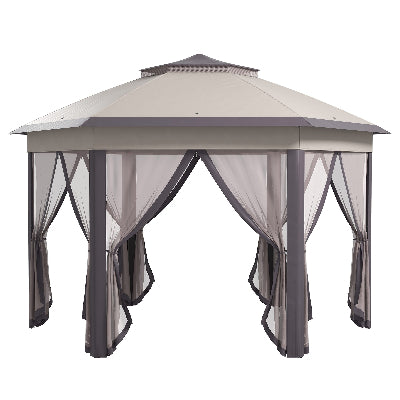 Garden Gazebo Hexagon Pop Up Tent Double Roof Instant Shelter with Netting, Beige