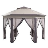 Garden Gazebo Hexagon Pop Up Tent Double Roof Instant Shelter with Netting, Beige