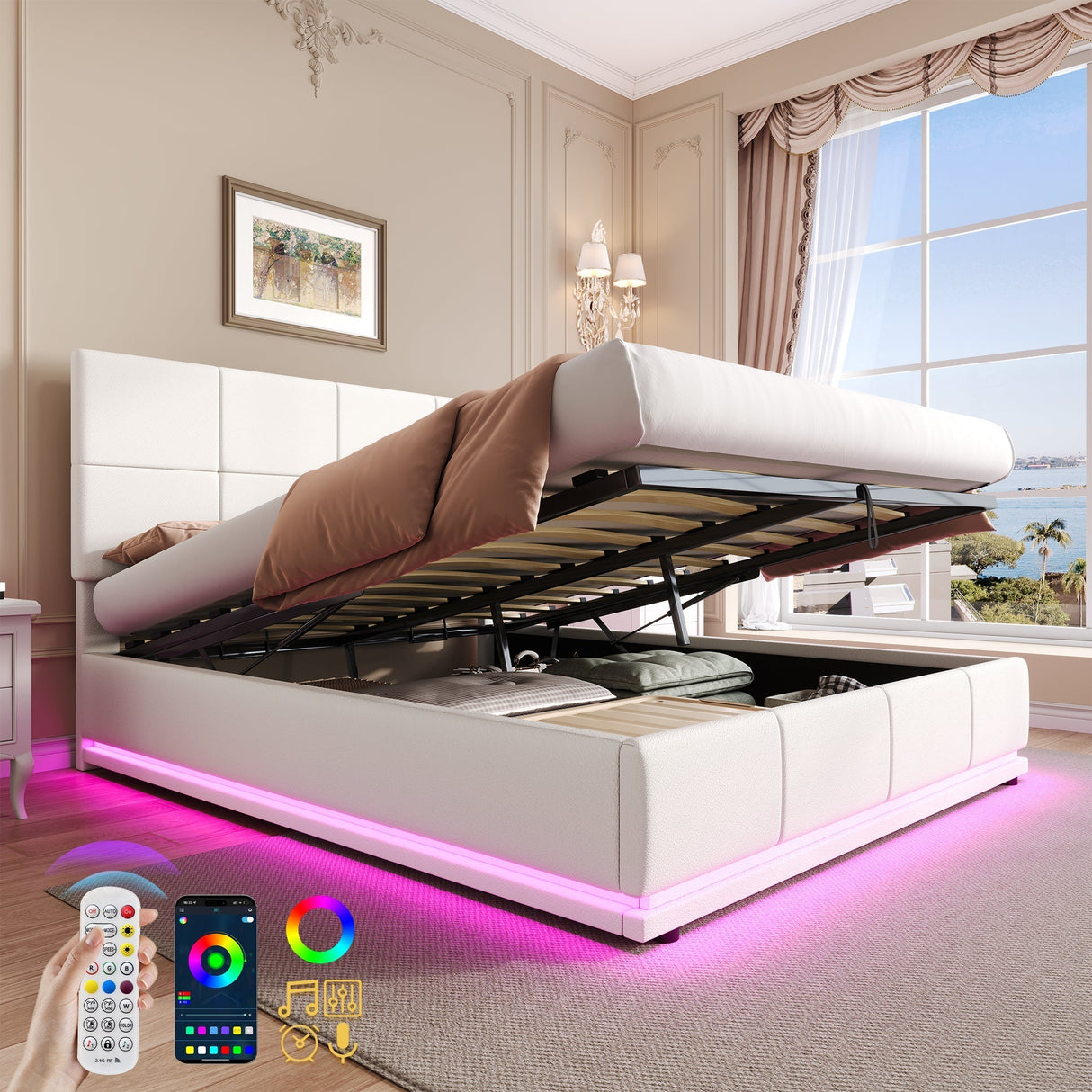 Ottoman Double Bed with LED Lighting, Hydraulic Storage, Adjustable Square Tufted Headboard, Cream White PU Leather (No Mattress)