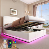 Ottoman Double Bed with LED Lighting, Hydraulic Storage, Adjustable Square Tufted Headboard, Cream White PU Leather (No Mattress)