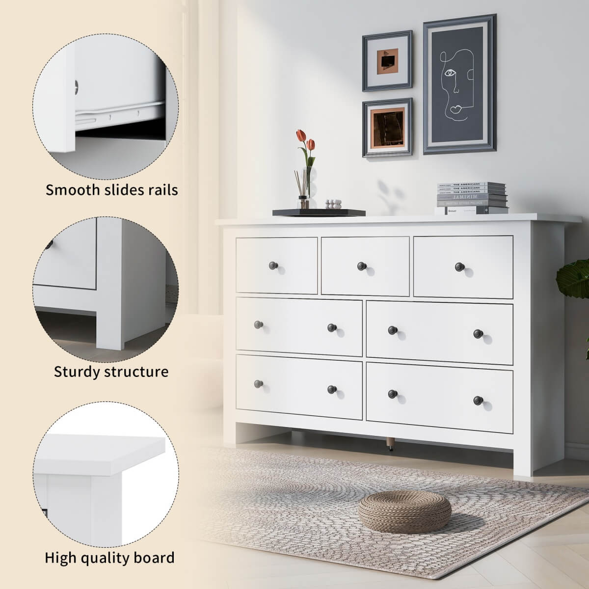 White Sideboard with 7 Drawers - Storage Cabinet for Living Room & Kitchen