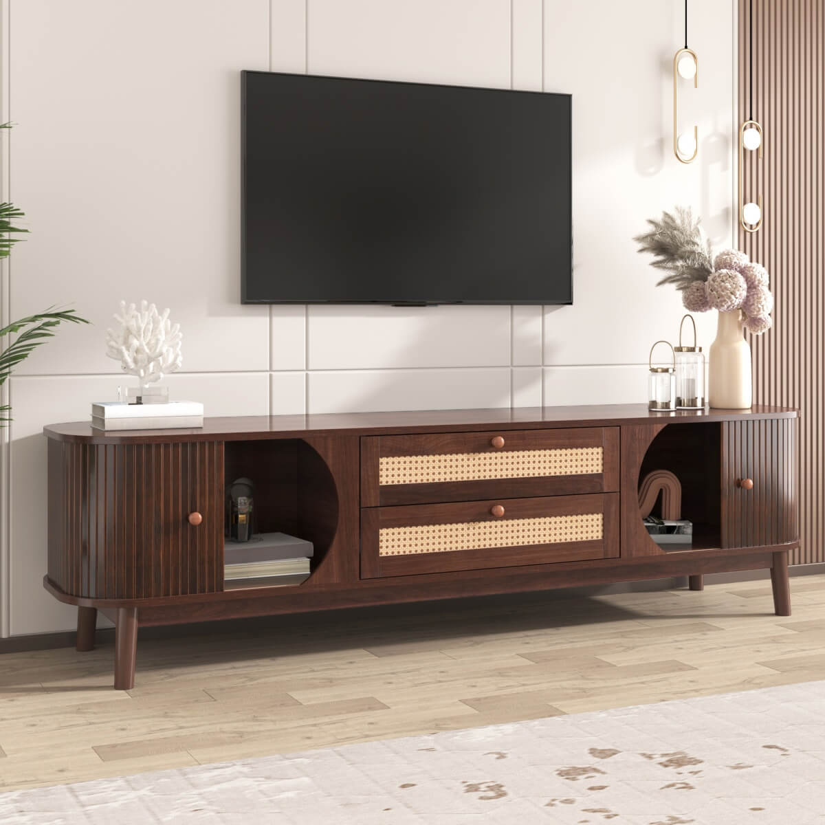 TV Unit with Rattan Effect Drawers and Doors - Country Style TV Stand with Storage, Natural Walnut Effect