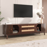 TV Unit with Rattan Effect Drawers and Doors - Country Style TV Stand with Storage, Natural Walnut Effect