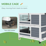 Double Deckers Guinea Pig Cage, Indoor Rabbit Hutch with Feeding Trough, Trays, Ramps, Openable Top - Grey