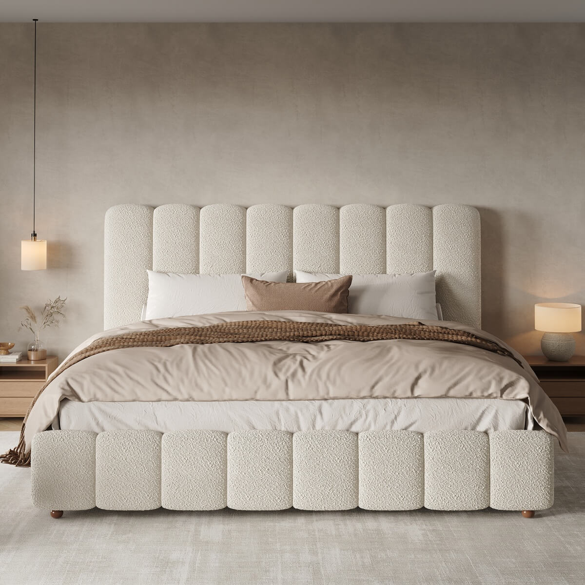 5ft King Upholstered Bed with Hydraulic Storage - White Bouclé Bed Frame with Padded Headboard & Slatted Base