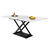 Extendable Dining Table 120-160cm - White Marble Effect Top, Black Cross Legs