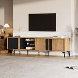 TV Unit for TVs up to 80 Inches - Industrial TV Stand with 3 Storage Cabinets, 3 Open Shelves and Steel Frame, Brown and Black