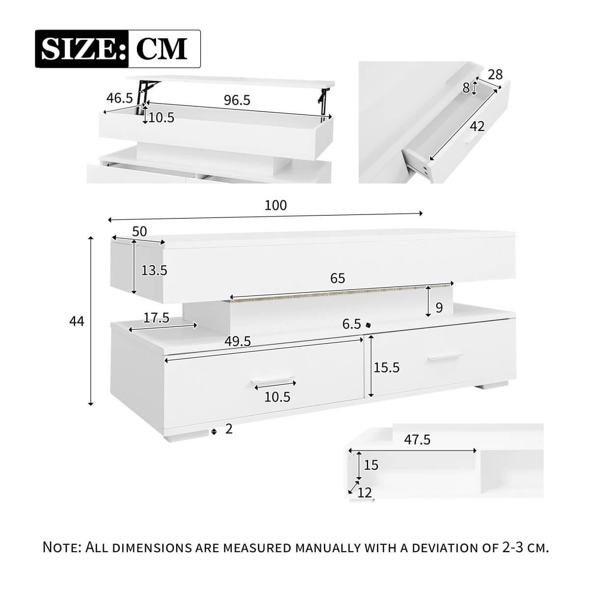 LED Lift Top Coffee Table - Hydraulic Storage Coffee Table with Drawers for Living Room, White