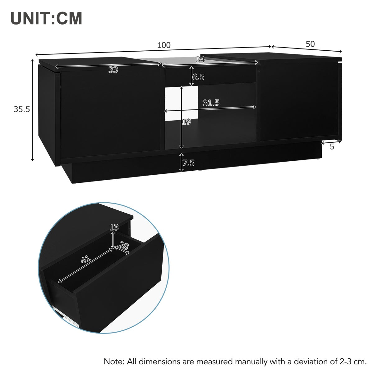 LED Coffee Table with Storage - 2 Tiers, 2 Drawers, Black