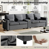 4-Seater Modern Sofa - Grey Linen, Storage Console, Cup Holders & USB/Type-C Charging
