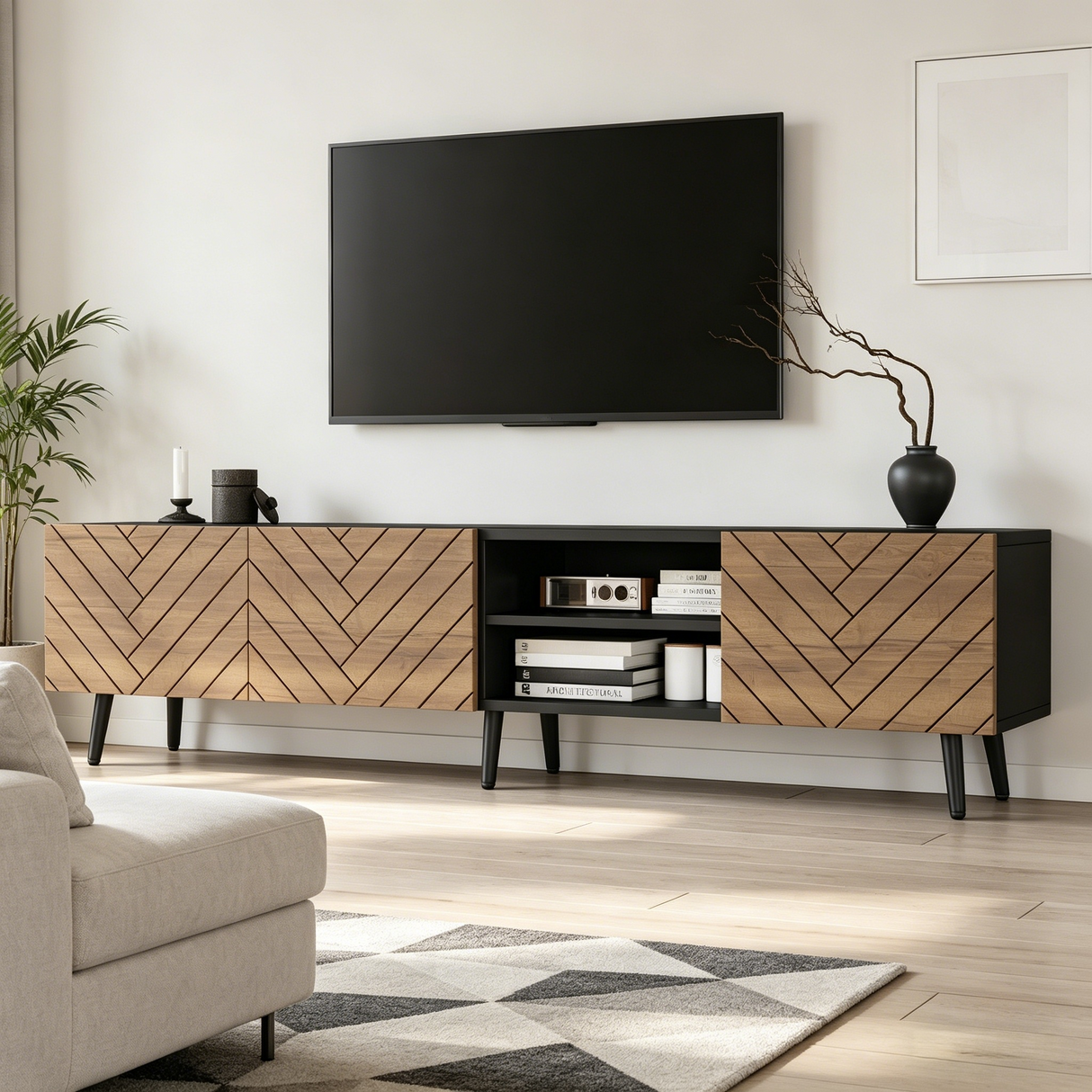 Modern Geometric TV Stand, Lowboard, TV Cabinet, TV Unit, Modern Industrial Entertainment Center, Black Media Console with Open Shelf & Cabinets, Low Storage Cabinet for Living Room