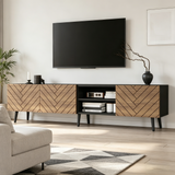 Modern Geometric TV Stand, Lowboard, TV Cabinet, TV Unit, Modern Industrial Entertainment Center, Black Media Console with Open Shelf & Cabinets, Low Storage Cabinet for Living Room
