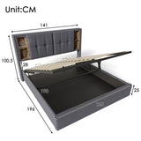 Upholstered Double Bed with Wireless Charging, Hydraulic Storage & Lift, 4FT6 Linen Fabric, Grey