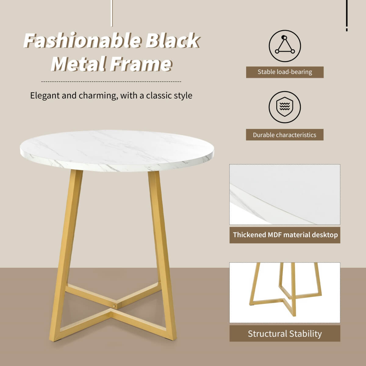 Round Dining Table - Marble Effect Top, Metal Frame, Gold Base, 80x80x75cm