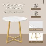 Round Dining Table - Marble Effect Top, Metal Frame, Gold Base, 80x80x75cm