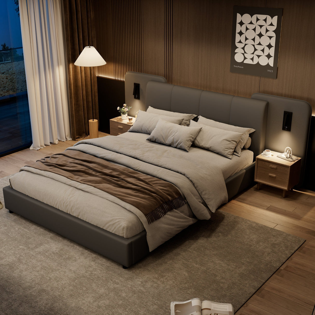 Upholstered Bed with Charging Port and Lighting, 4ft6 Double, Soft Sponge Headboard, Anti-collision Filling, Grey PU + Plywood