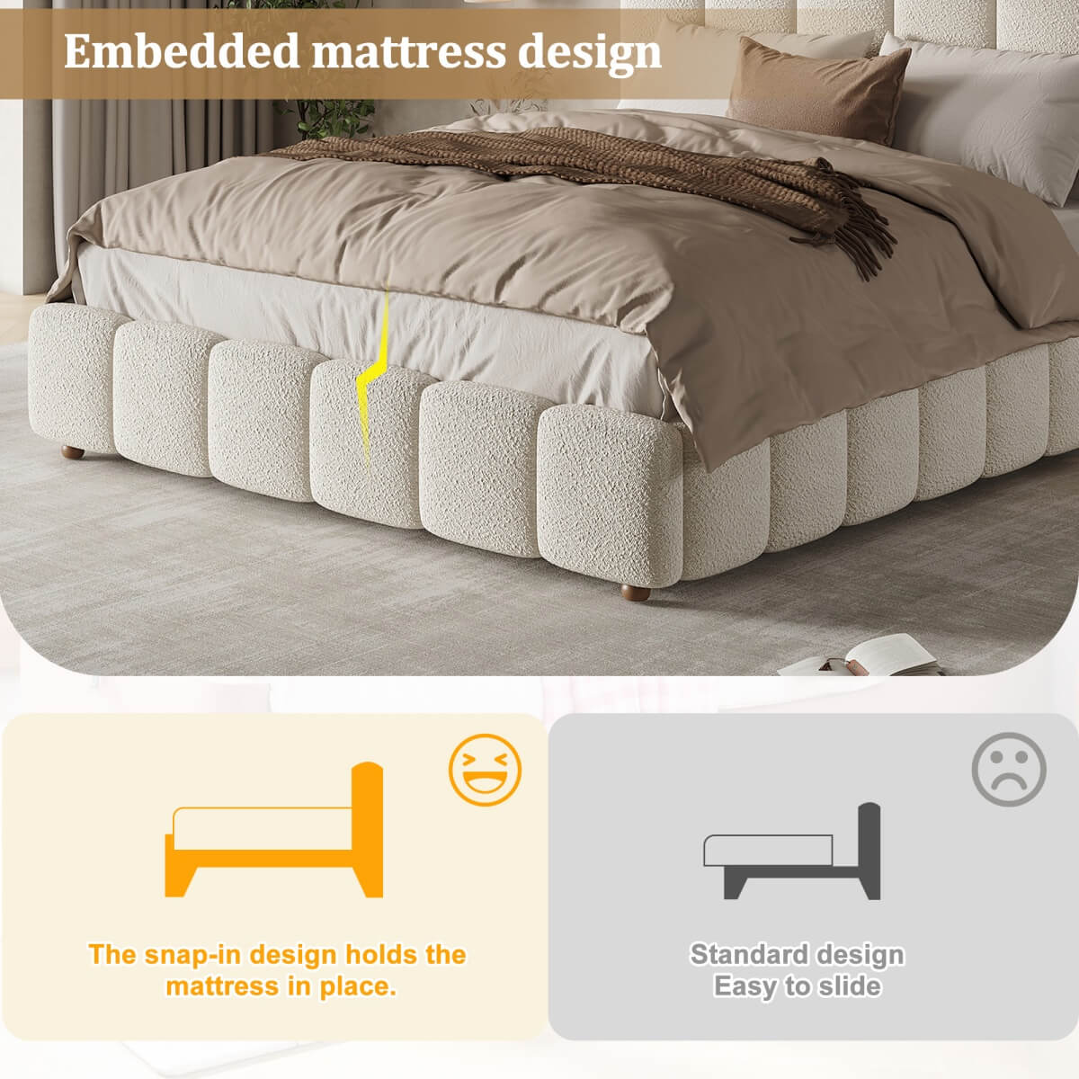 4ft6 Double Upholstered Bed with Hydraulic Storage - White Bouclé Bed Frame with Padded Headboard & Slatted Base