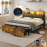 4ft6 Double Bed Frame with RGB LED Headboard - Metal Storage Bed with Charging Station & Drawers, Black Walnut