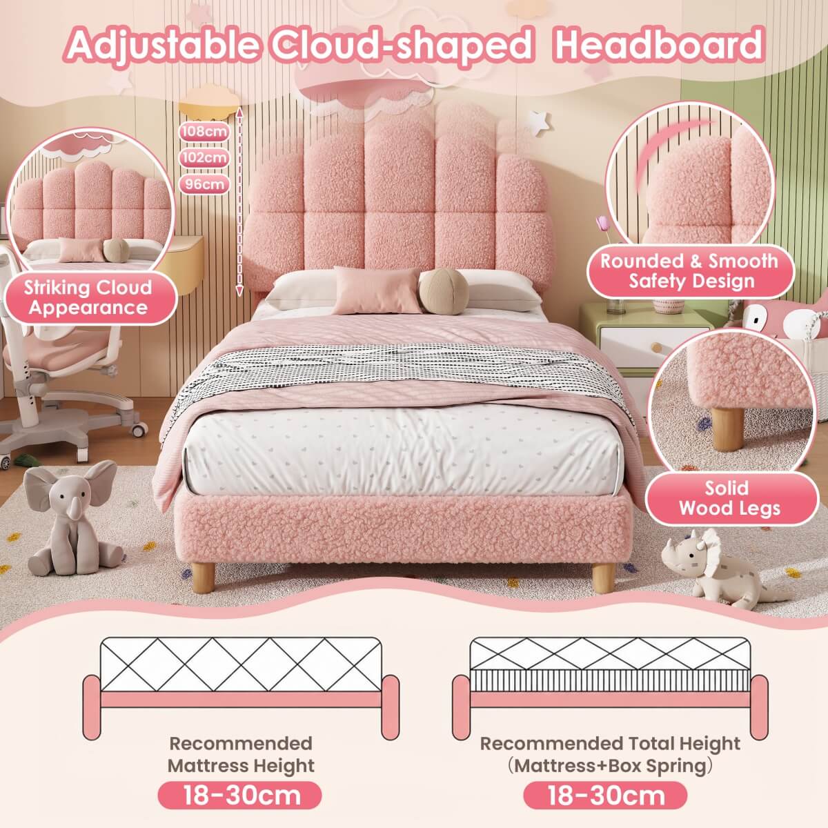 3ft Single Boucle Upholstered Bed Frame with Cloud-Shaped Headboard - Adjustable Headboard, Solid Wood Legs and Sturdy Support, No Box Spring Required, Pink
