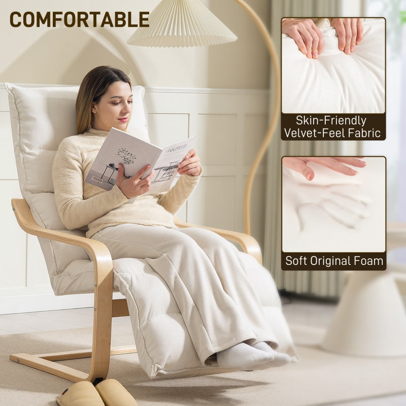 Curved Wooden Accent Chair with Adjustable Footrest, Cream White
