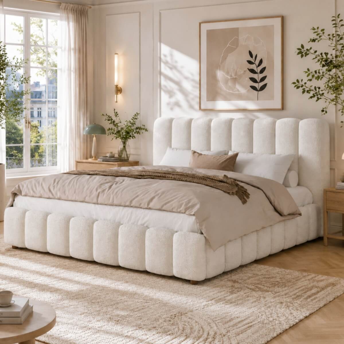 6ft Super King Upholstered Bed with Hydraulic Storage - White Bouclé Bed Frame with Padded Headboard & Slatted Base