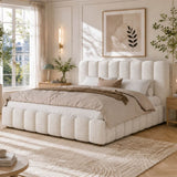 6ft Super King Upholstered Bed with Hydraulic Storage - White Bouclé Bed Frame with Padded Headboard & Slatted Base