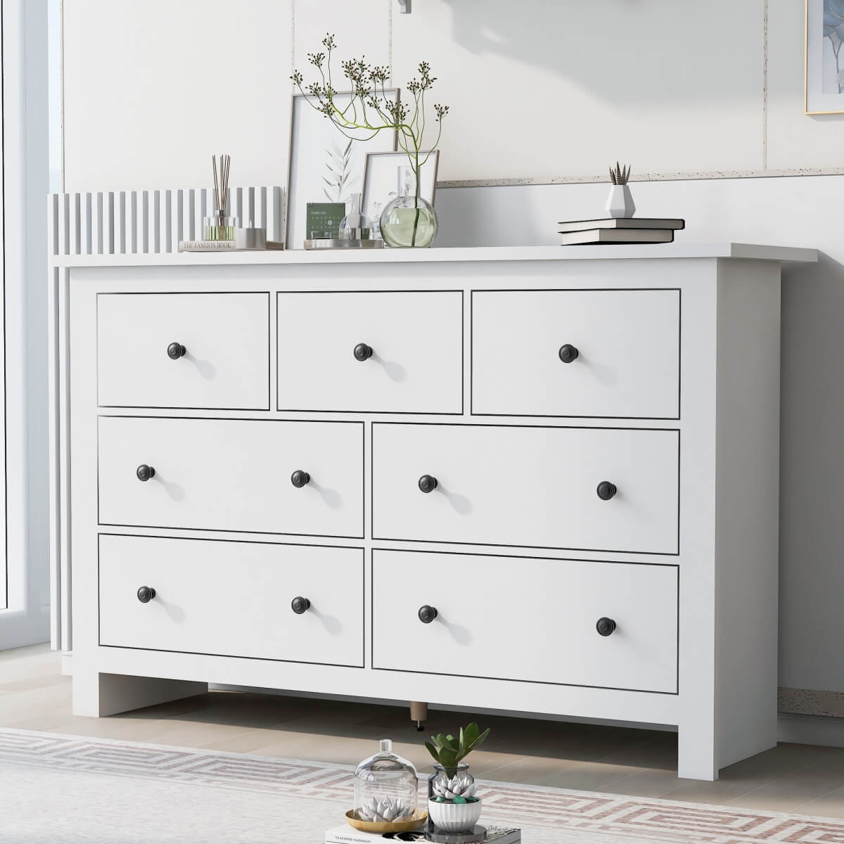 White Sideboard with 7 Drawers - Storage Cabinet for Living Room & Kitchen