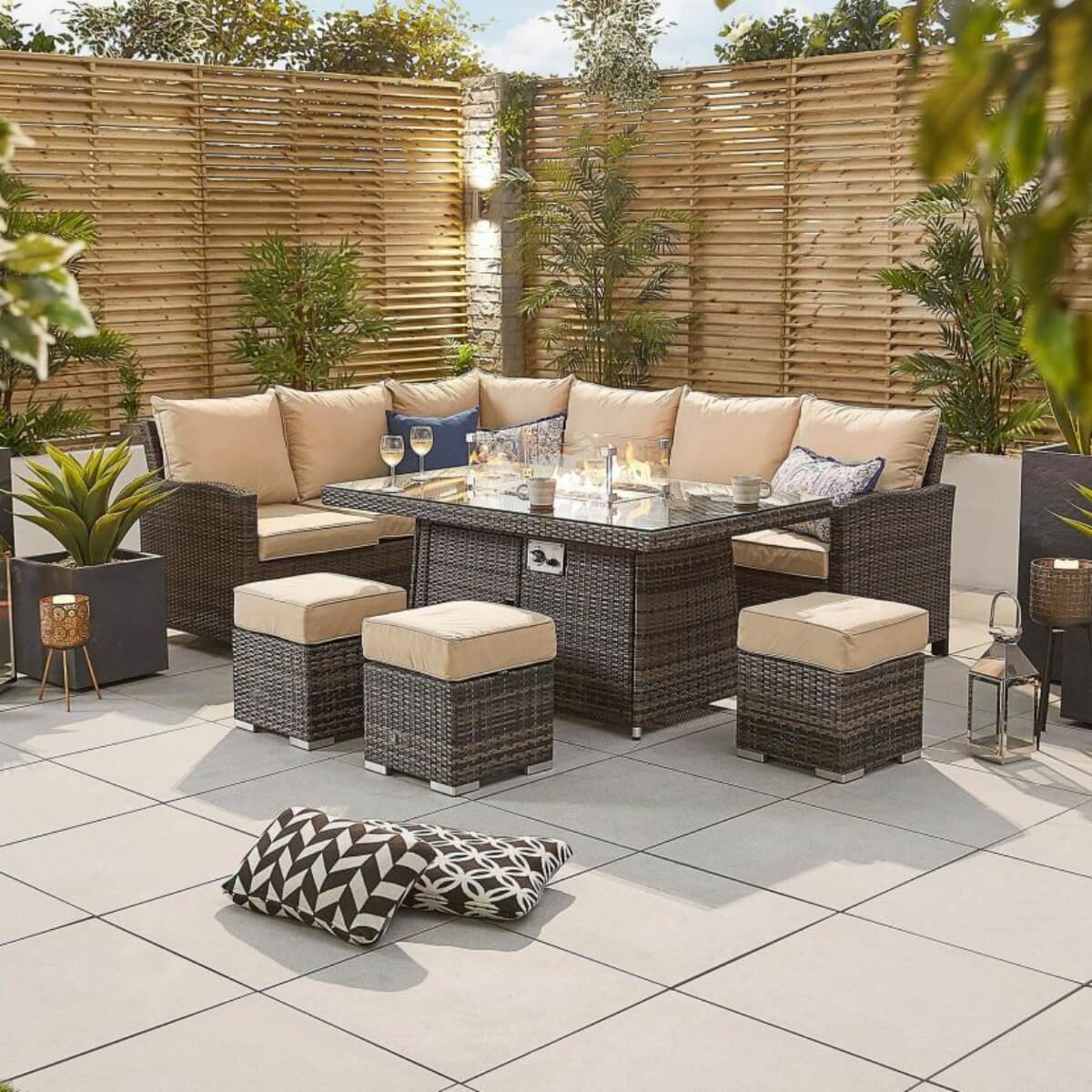 8-Seater Outdoor Corner Sofa Set with Rectangular Fire Pit Table and 3 Footstools - PAF-16591