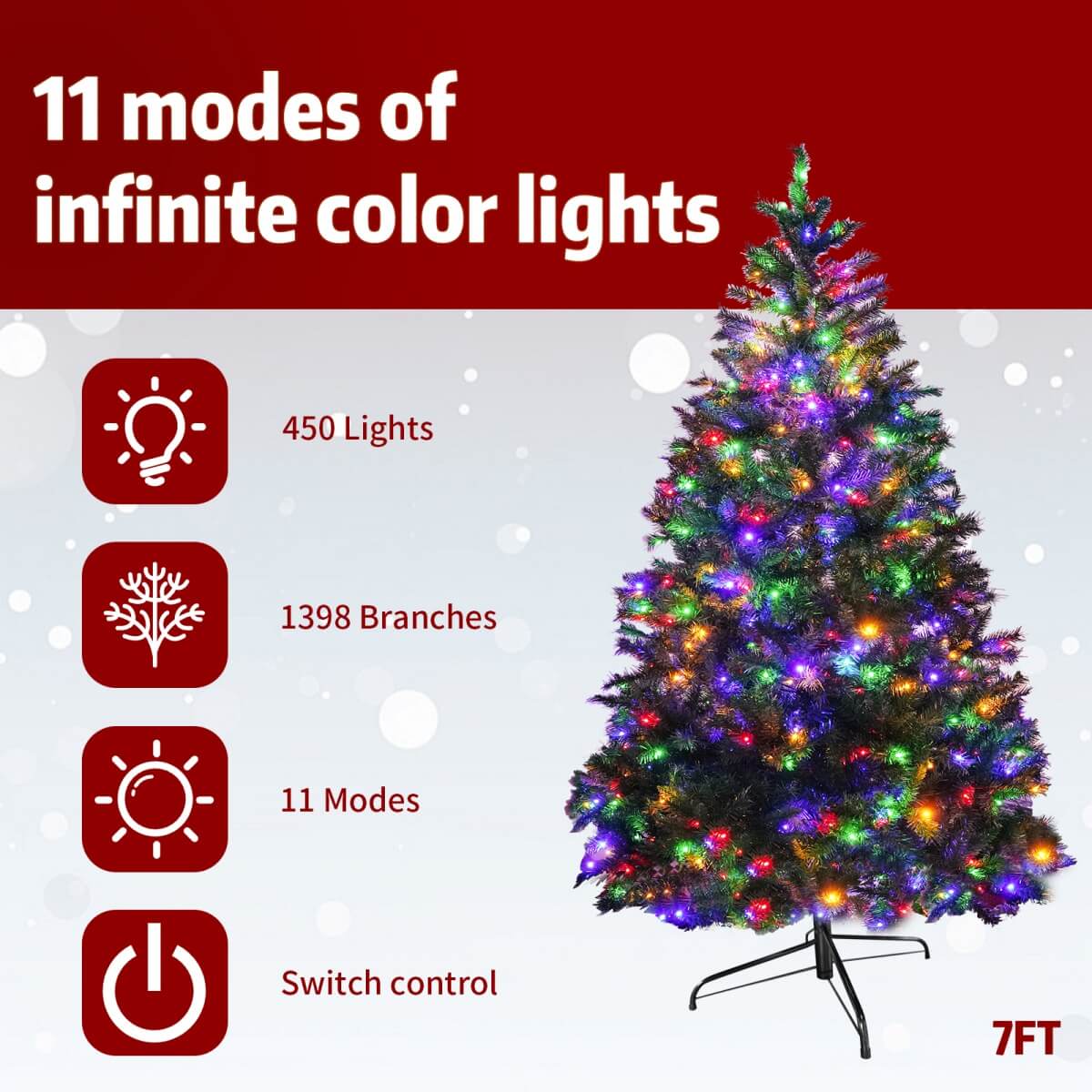Artificial Christmas Tree with Colour LED Lights ¨C Realistic PVC Xmas Tree, Pre-Lit, 6ft & 7ft, Metal Stand
