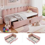 3ft Single Velvet Daybed - RGB LED Lights, 2 Storage Drawers, Scalloped Backrest, Pink