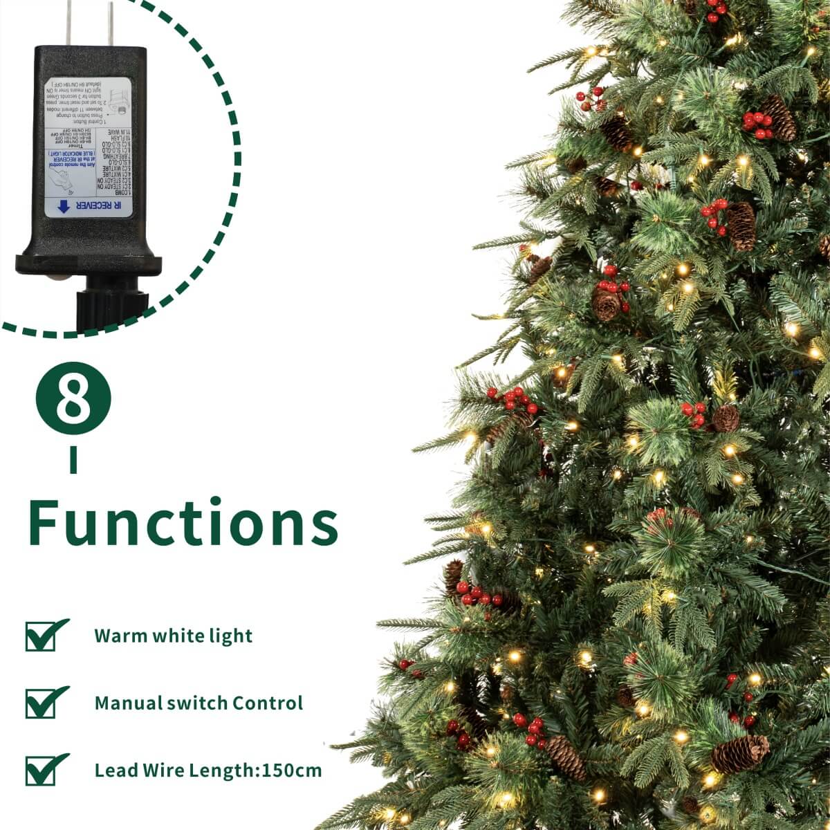 Realistic Green Artificial Christmas Tree with Pine Cones & Red Berries - Pre-Lit Warm White LED PVC Xmas Tree, Easy Setup, 5ft/6ft/7ft