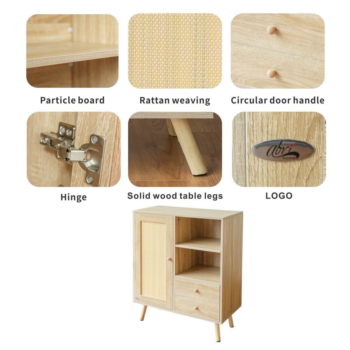 Solid Wood Storage Cupboard with 1 Door & 2 Drawers - Freestanding Cabinet