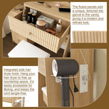 Modern Makeup Vanity Desk - 3-Mode Adjustable LED Lights, 4 Drawers, Open Storage Shelves, Hair Dryer Holder, Power Socket & Dressing Stool, Natural
