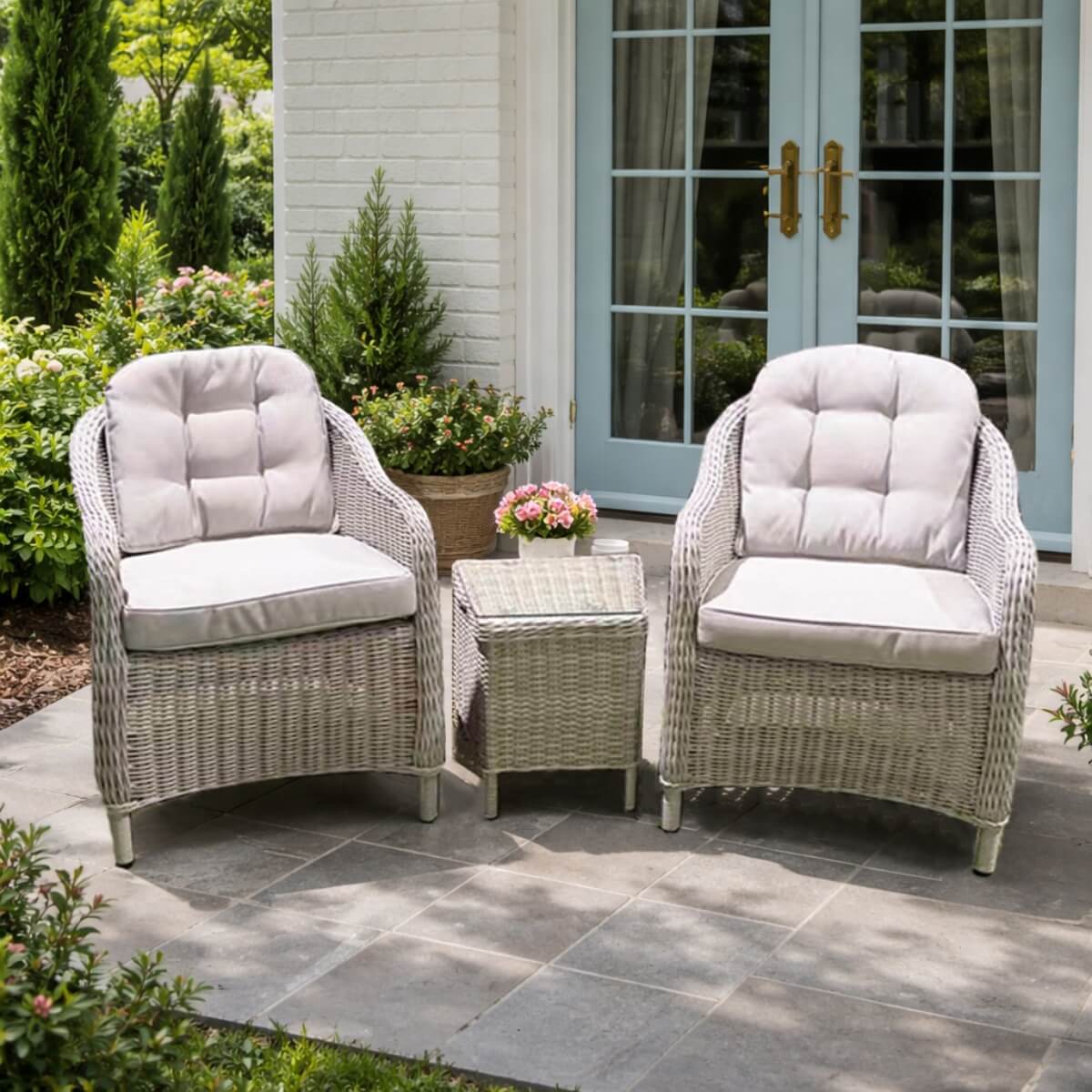 Outdoor Rattan Bistro Set - 2-Seater Sofa with Coffee Table, Grey