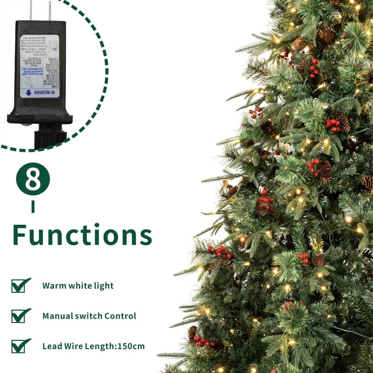 Realistic Full Green Artificial Christmas Tree with Pine Cones & Red Berries - Pre-Lit Warm White LED Lights, PVC Xmas Tree, 6.5ft/7.5ft/8.5ft