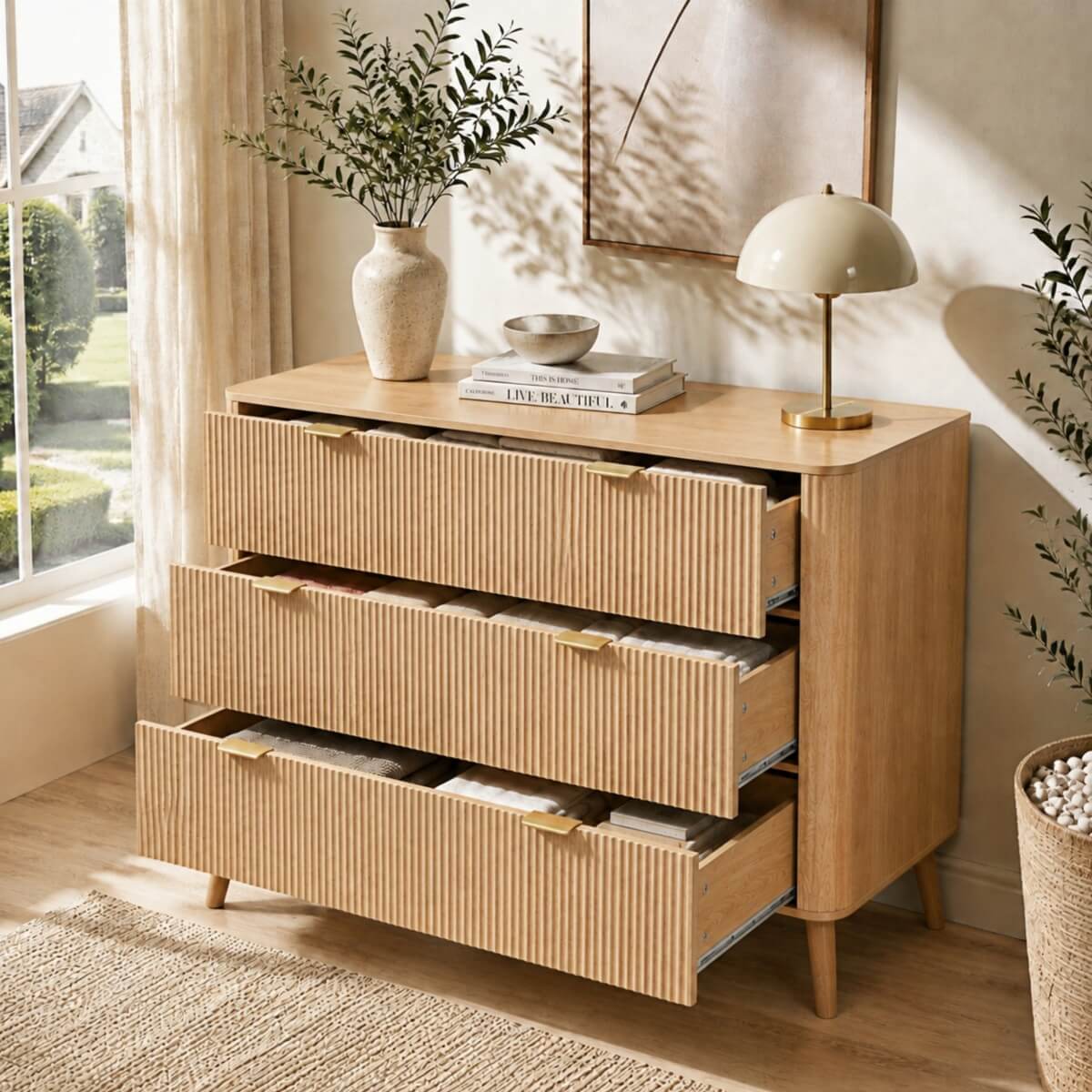 3-Drawer Chest of Drawers - Fluted Bedroom Storage Unit with Rounded Corners, Gold Handles and 4 Solid Wood Legs, Natural Oak Effect