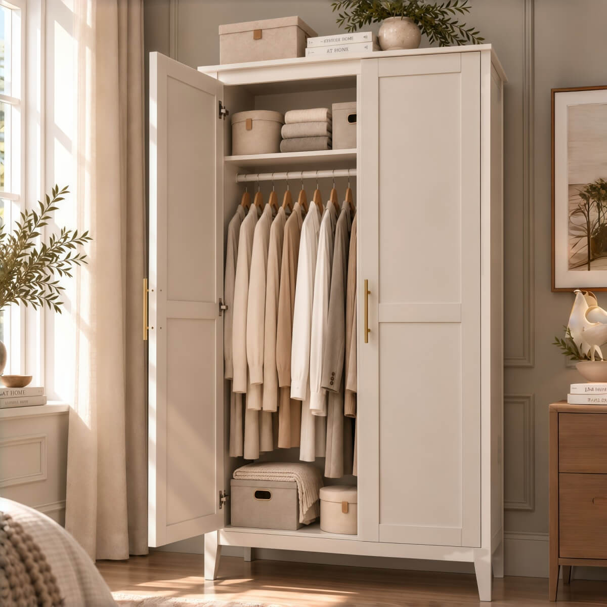 2-Door Freestanding Wardrobe - Hanging Rail, Storage Shelf, Gold Handles and Raised Legs, Cashmere
