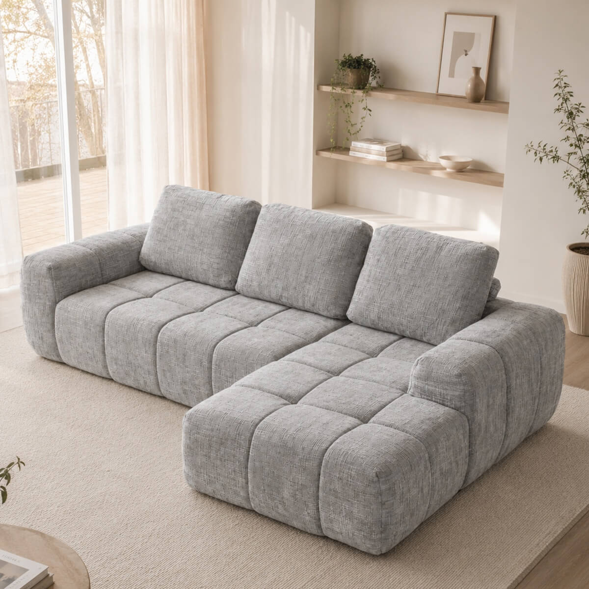 SOFTY Compressed Sectional Sofa with Chaise (Textured Line Design)