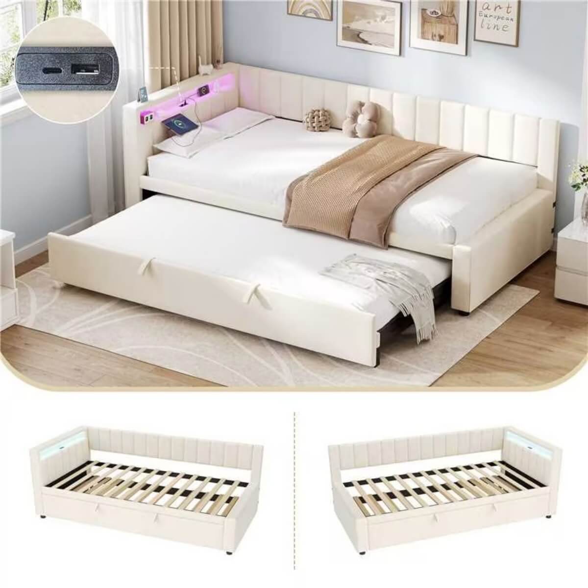 3ft Single Velvet Daybed with Trundle - Reversible Sofa Bed with RGB LED Lights and Charging Station, Beige