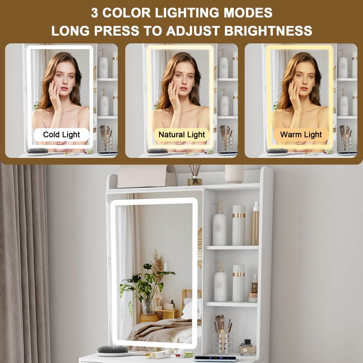 Small Makeup Vanity Desk with Mirror - Adjustable LED Lights, Power Socket, Hair Dryer Holder, Storage Rack & Padded Stool, White