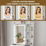 Small Makeup Vanity Desk with Mirror - Adjustable LED Lights, Power Socket, Hair Dryer Holder, Storage Rack & Padded Stool, White