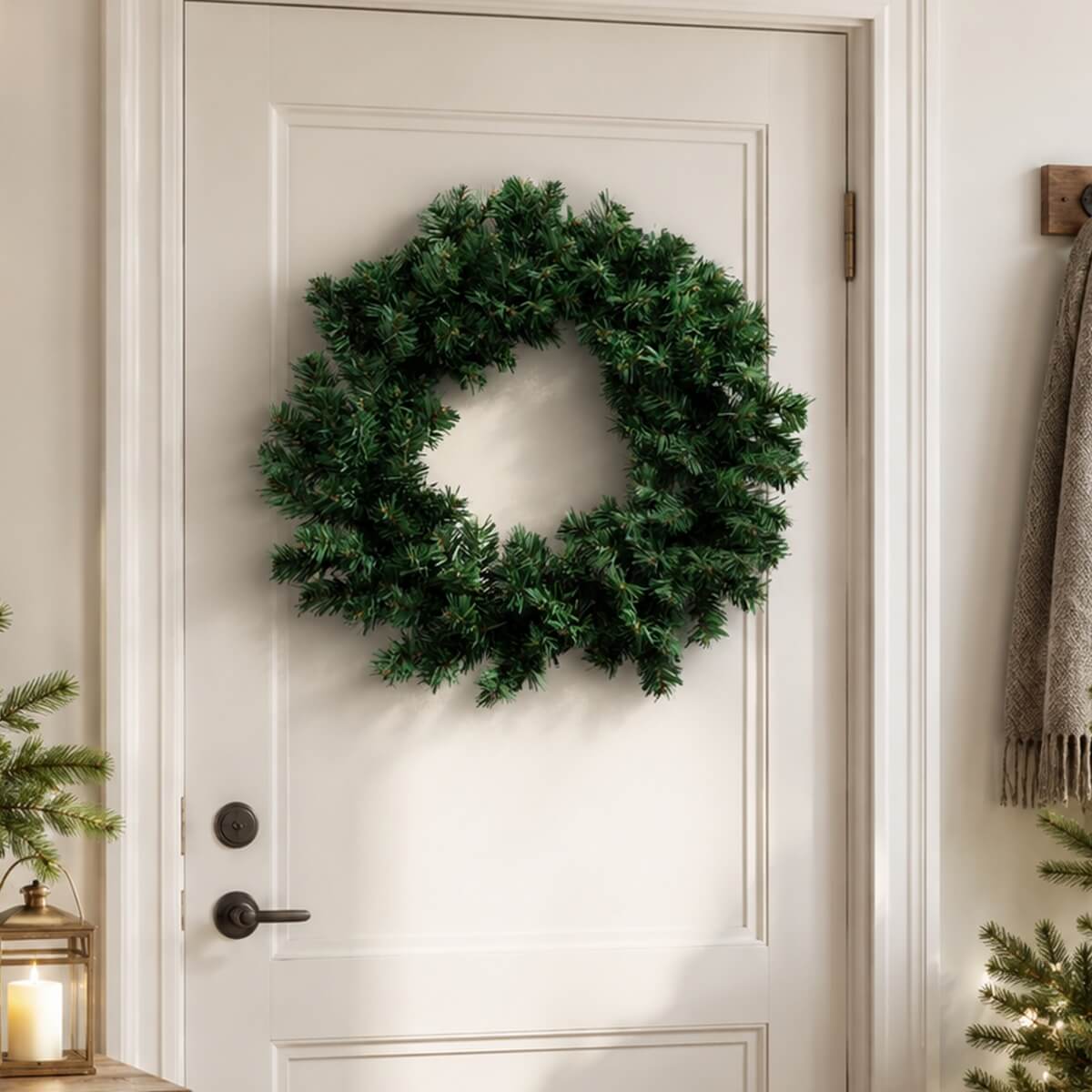 Pre-Lit Artificial Christmas Wreath - Realistic PVC Foliage Wreath with Warm White LED Lights for Door & Home Decoration
