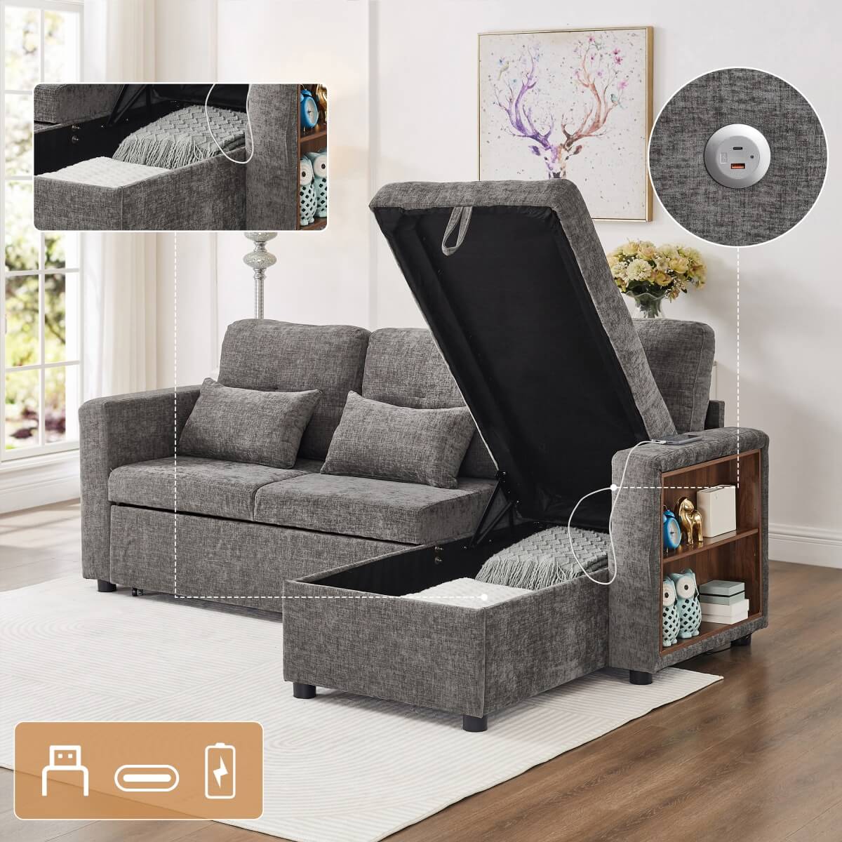3-in-1 L-Shaped Sofa Bed - Grey Chenille Sectional Sleeper with Storage Chaise and USB/Type-C Charging