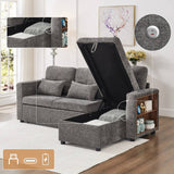 3-in-1 L-Shaped Sofa Bed - Grey Chenille Sectional Sleeper with Storage Chaise and USB/Type-C Charging