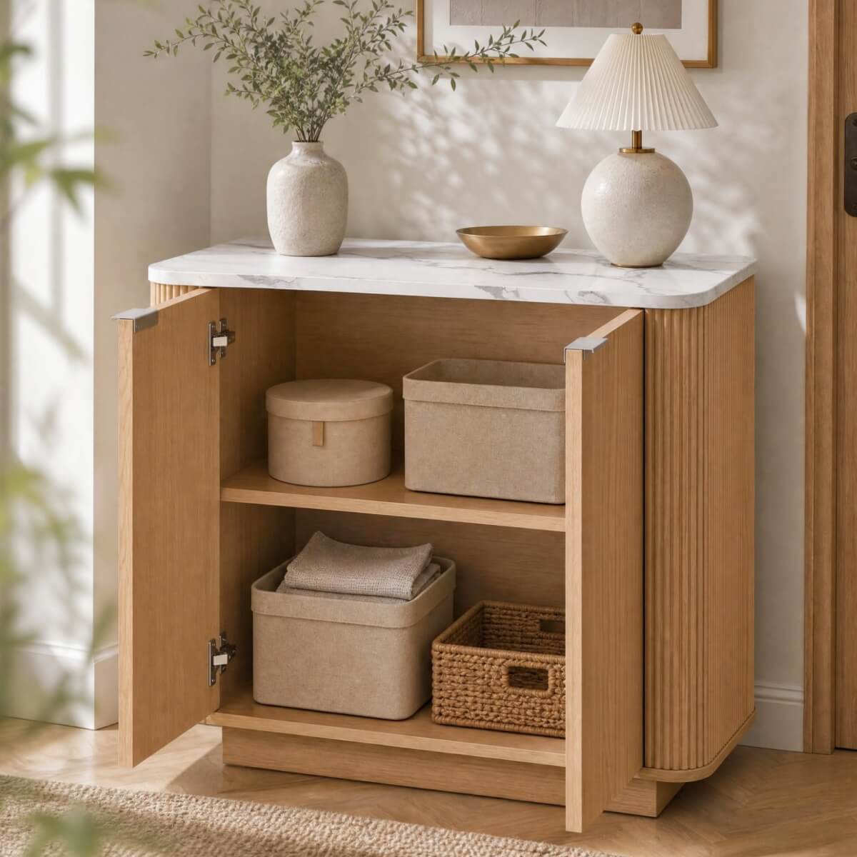 Fluted 2-Door Sideboard - Oak Effect with Marble Effect Top, 2-Tier Shelves, Rounded Corners and Metal Handles